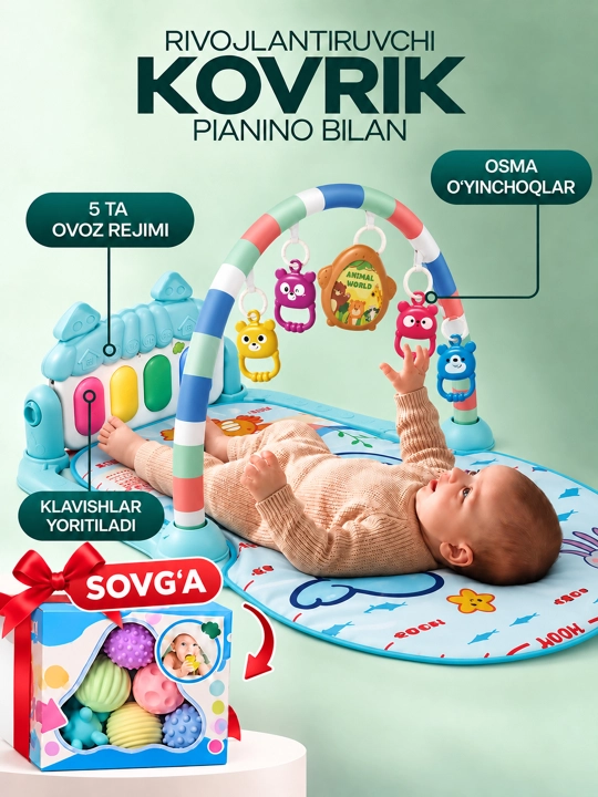 Музыкальный развивающий коврик с пианино для малышей, игровой центр - 