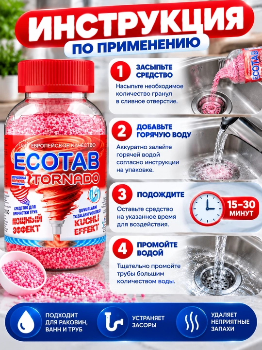 Eco tab, turbalarni tozalagich, parashok, uy tozalash, kir moshina tozalash, vanna oqartirish