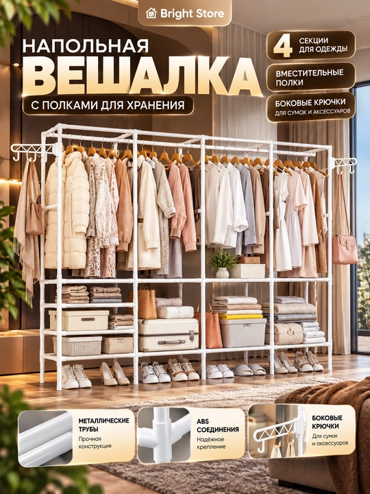 Kiyim ilgich, kiyim uchun javon, polga qo‘yiladigan ilgich, garderob, kiyim saqlagich - 