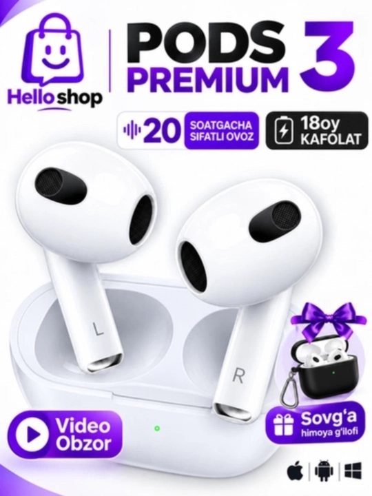 Simsiz quloqchinlar Pods 3,IPhone va Android uchun,Bluetooth quloqchinlari,Hello shop