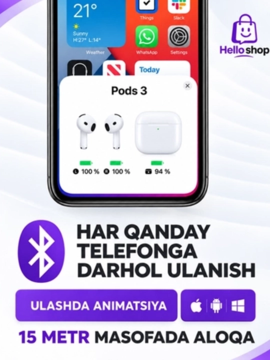 Simsiz quloqchinlar Pods 3,IPhone va Android uchun,Bluetooth quloqchinlari,Hello shop