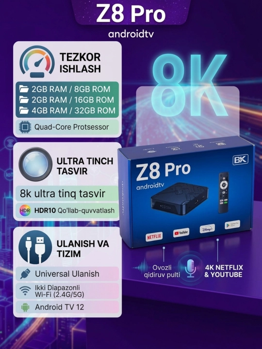 Smart Box tv Z8 Pro televizor uchun pristavka TV box Z8 Pro Q5, Z6, , X, P5, P7 Android TV - 
