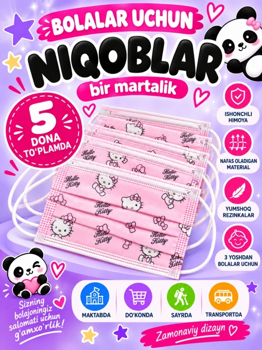 10 va 5 donadan iborat yorqin dizaynga ega bir martalik bolalar niqoblari