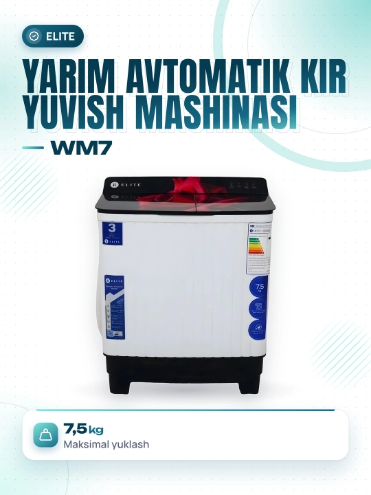 Yarim avtomatik kir yuvish mashinasi ELITE WM, 7.5 kg, oq rang - 