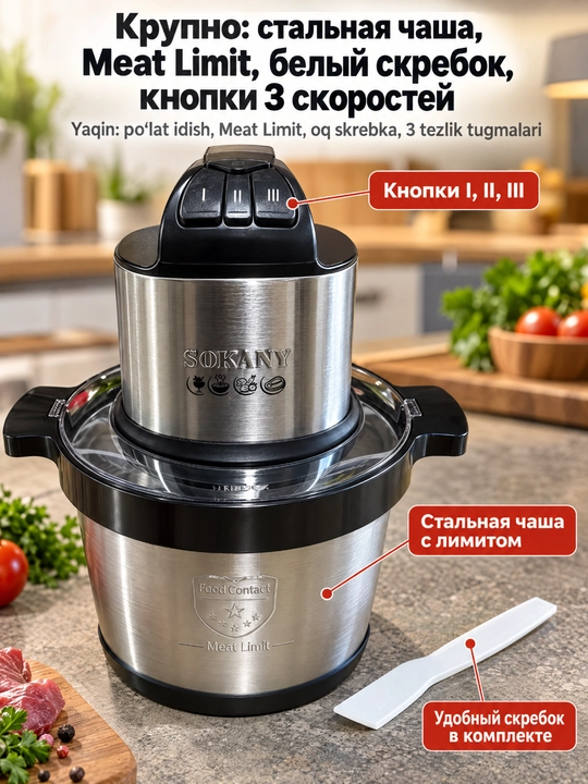 SOKANY SK-7033 elektr goʻsht maydalagich, zanglamaydigan poʻlat, 1500 Vt, 220-240V