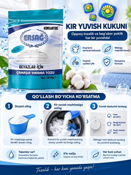 Oq kiyimlar uchun konsentrlangan kir yuvish kukuni 1000 g