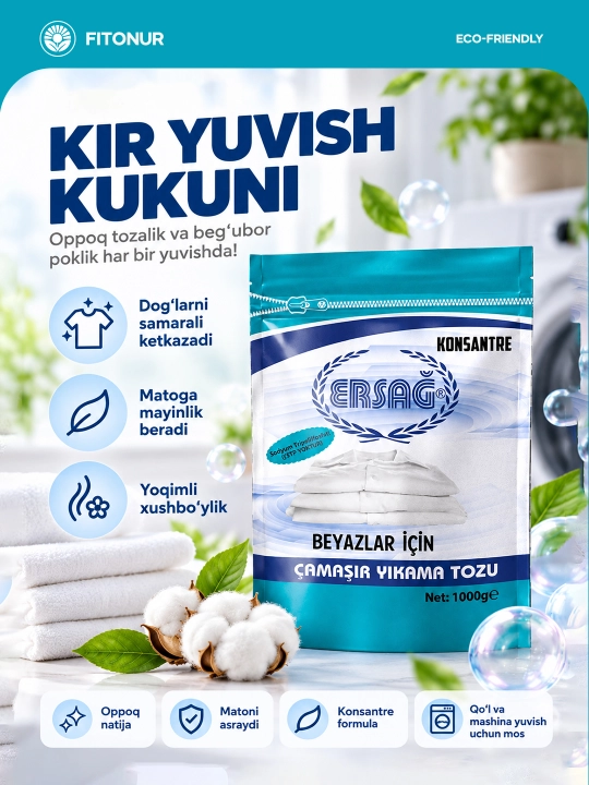 Oq kiyimlar uchun konsentrlangan kir yuvish kukuni 1000 g - 