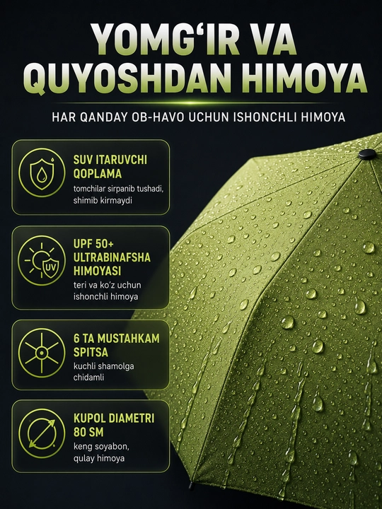 Mexanik kompakt mini soyabon, 6 tayoqcha, UPF 50+, suv o'tkazmaydigan, g'ilofli