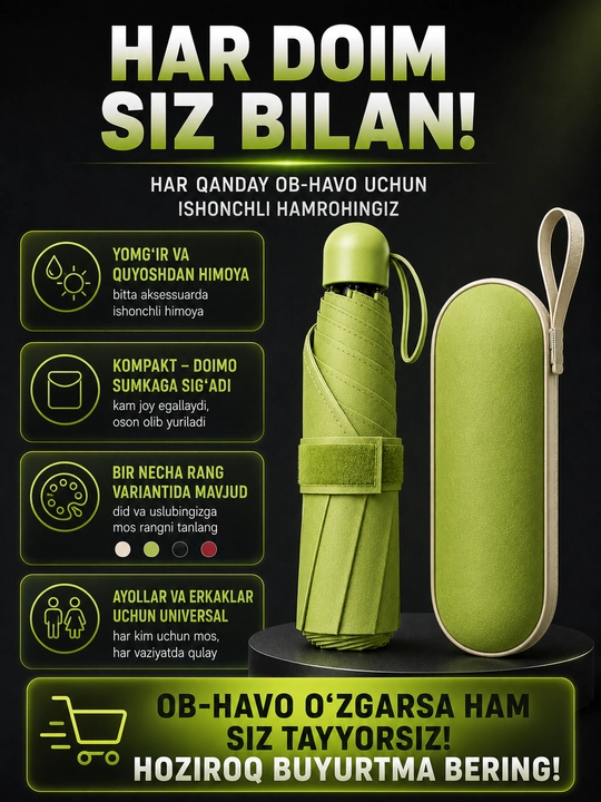 Mexanik kompakt mini soyabon, 6 tayoqcha, UPF 50+, suv o'tkazmaydigan, g'ilofli
