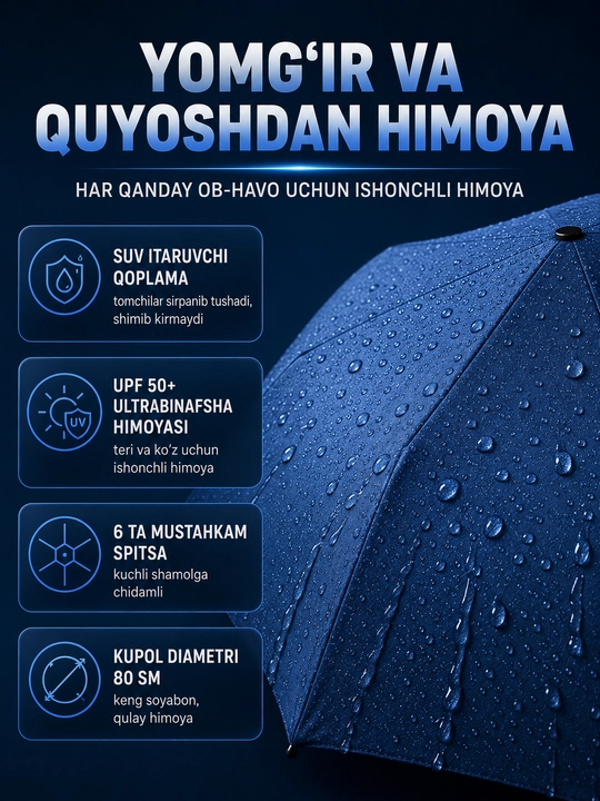 Mexanik kompakt mini soyabon, 6 tayoqcha, UPF 50+, suv o'tkazmaydigan, g'ilofli