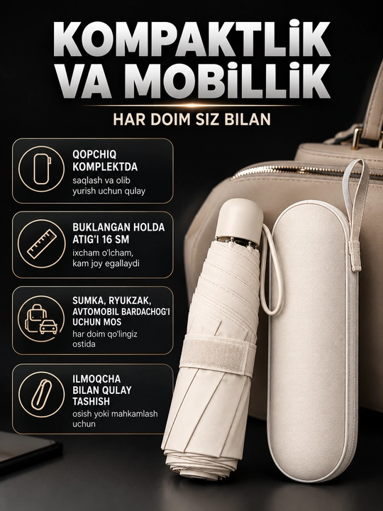 Mexanik kompakt mini soyabon, 6 tayoqcha, UPF 50+, suv o'tkazmaydigan, g'ilofli