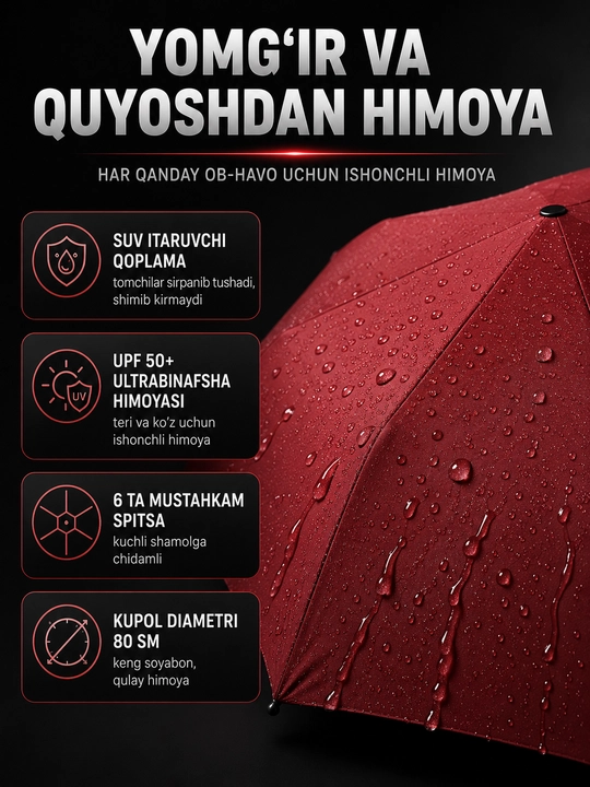 Mexanik kompakt mini soyabon, 6 tayoqcha, UPF 50+, suv o'tkazmaydigan, g'ilofli
