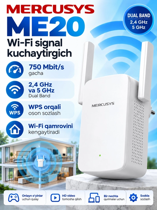 Mercusys ME20 — 750 Mbit/s Wi-Fi signal kuchaytirgich - 