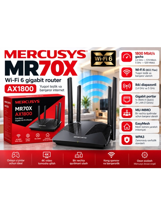 Mercusys MR70X AX1800 — Ikki diapazonli Gigabit Wi-Fi 6 router - 