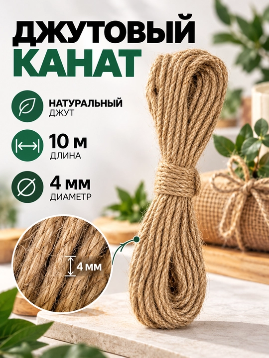 Джутовый канат натуральный кручёный для декора, макраме и рукоделия - 