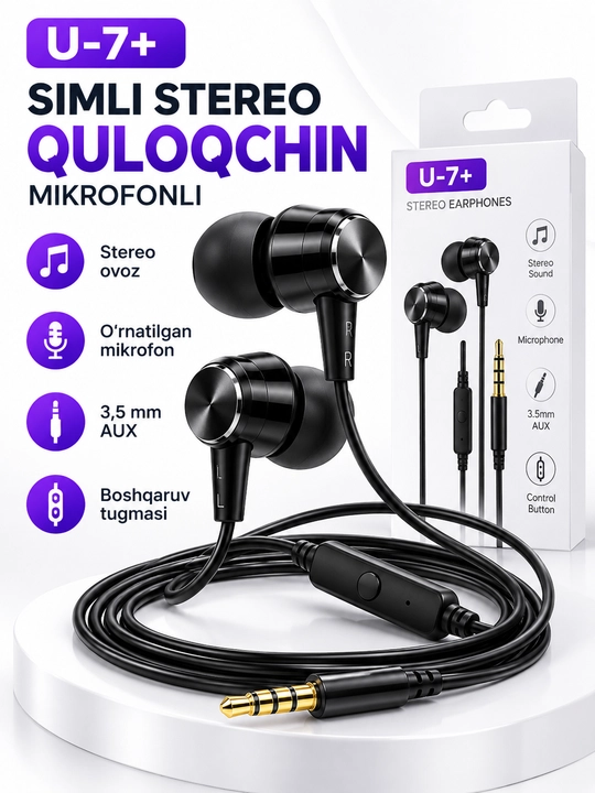 U-7+ simli stereo quloqchin, mikrofonli, 3.5 mm AUX, telefon va kompyuter uchun - 