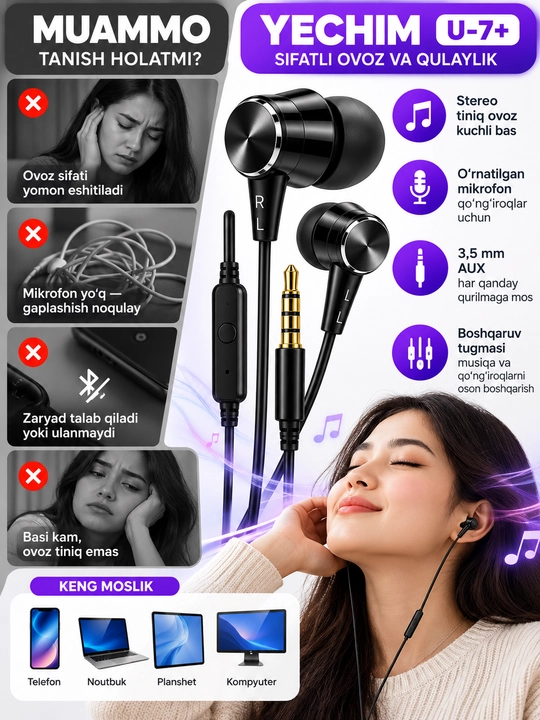 U-7+ simli stereo quloqchin, mikrofonli, 3.5 mm AUX, telefon va kompyuter uchun