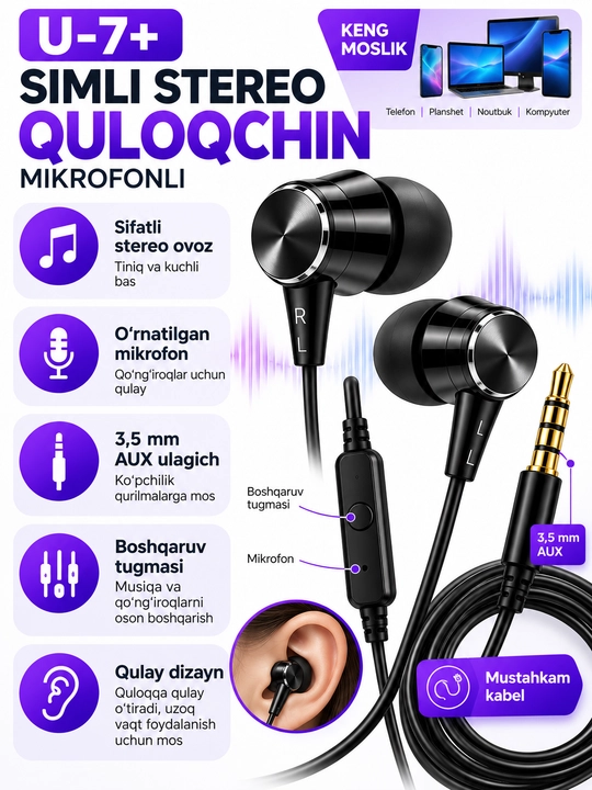 U-7+ simli stereo quloqchin, mikrofonli, 3.5 mm AUX, telefon va kompyuter uchun