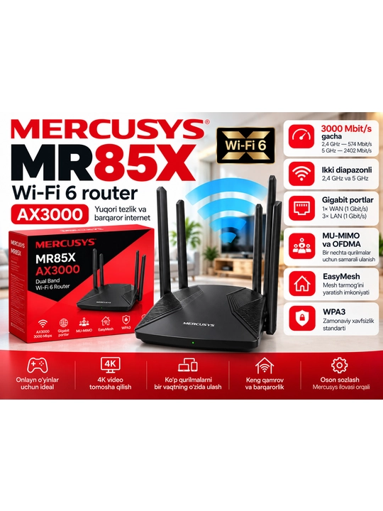 Mercusys MR85X AX3000 — Ikki diapazonli Wi-Fi 6 router - 