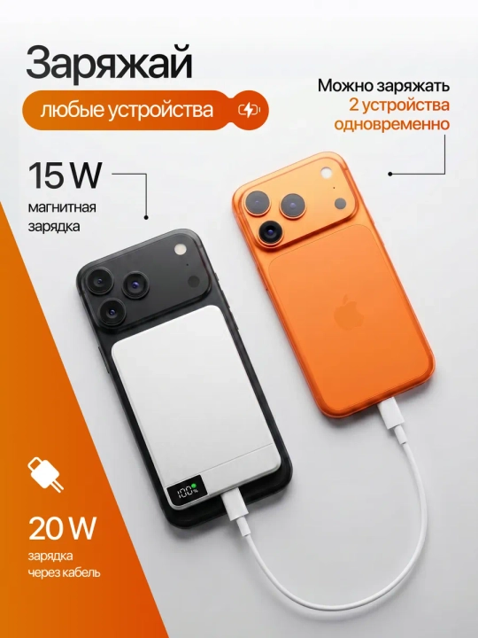 Power bank MagSafe, magnitli simsiz tashqi akkumulyator, 5000/10000 mAh, 15W/20W