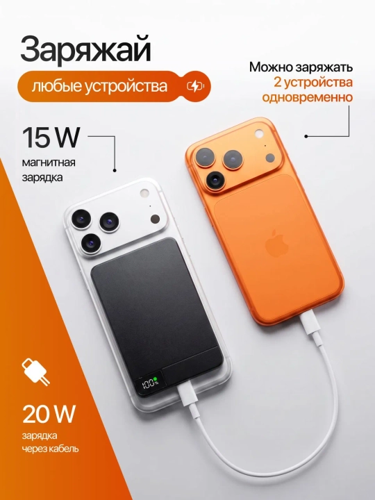 Power bank MagSafe, magnitli simsiz tashqi akkumulyator, 5000/10000 mAh, 15W/20W