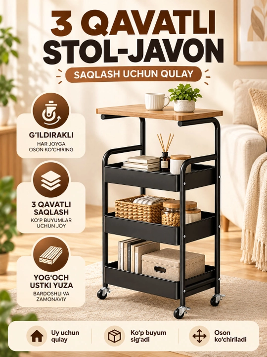 G‘ildirakli stol-javon, 3 qavatli, qiya ustki yuzali, 40×40×75 sm - 