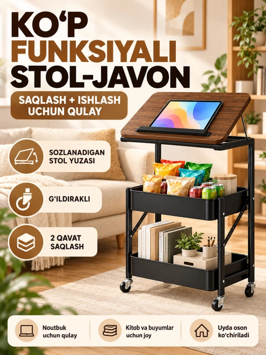 G‘ildirakli stol-javon, 3 qavatli, qiya ustki yuzali, 40×40×75 sm - 