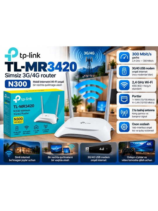 TP-Link TL-MR3420 — N300 simsiz 3G/4G router - 