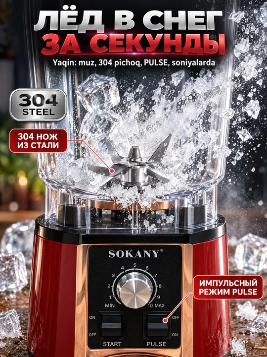 Блендер SOKANY 6000 Вт, 2 л, ножи из нержавеющей стали 304