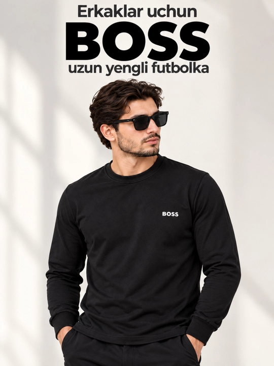Еkaklar uchun BOSS yozuvli uzun yengli svitshot, qalin yumshoq matoli kofta