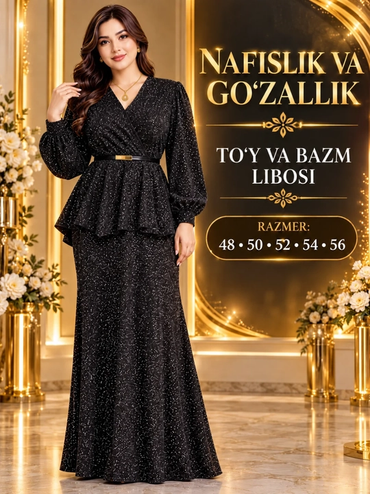 Ayollar uchun oqshom bazm ko‘ylagi, belbog‘li, baskali, nafis kechki libos. O'lcham: 48-56 - 