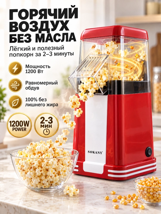 SOKANY SK-289 elektr popkorn pishirgich, issiq havo bilan popkorn pishirish mashinasi, moysiz