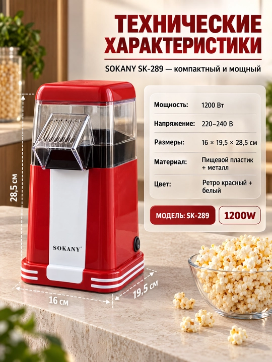 SOKANY SK-289 elektr popkorn pishirgich, issiq havo bilan popkorn pishirish mashinasi, moysiz
