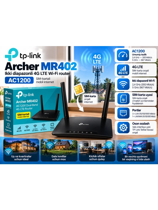 Archer MR402 AC1200 Ikki diapazonli simsiz 4G LTE router - 