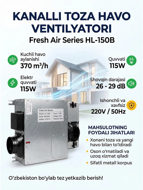Shovqinsiz kanal ventilyatori (100, 150, 200 mm)