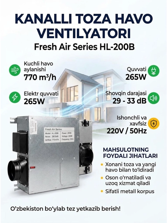 Shovqinsiz kanal ventilyatori (100, 150, 200 mm)