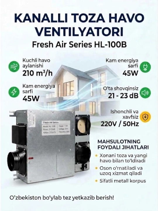Shovqinsiz kanal ventilyatori (100, 150, 200 mm)