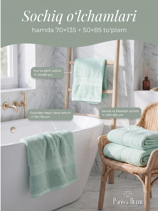 Banyo sochiq, hammom sochiqlari to'plami: badan uchun 70x135, yuz uchun 50x85, 100% paxta