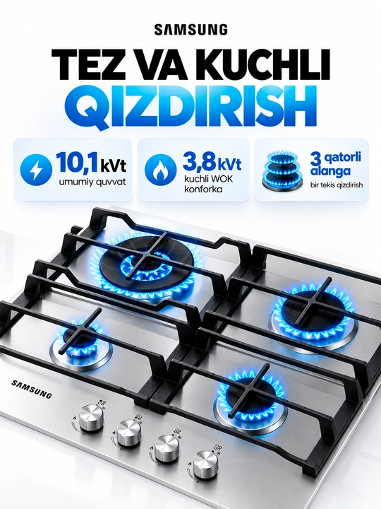 Samsung NA64H3030AS gaz paneli - 4 ta kamin, turbokonforka, cho‘yan panjaralar