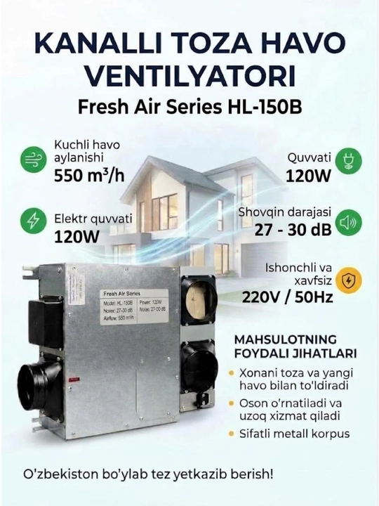 Shovqinsiz kanal ventilyatori (100, 150, 200 mm)