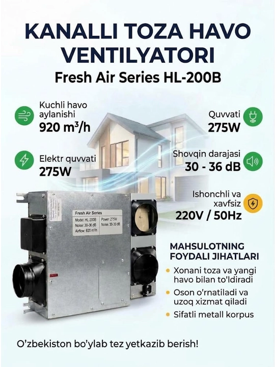 Shovqinsiz kanal ventilyatori (100, 150, 200 mm)