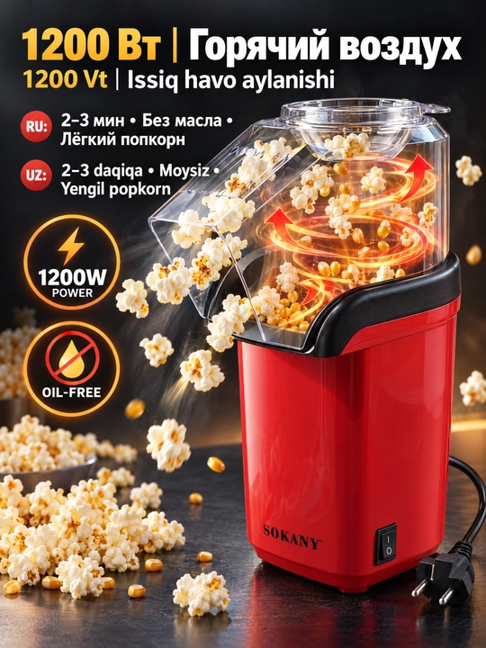 Машина для попкорна SOKANY SK-07045, 1200 Вт, горячий воздух, без масла, домашняя - 