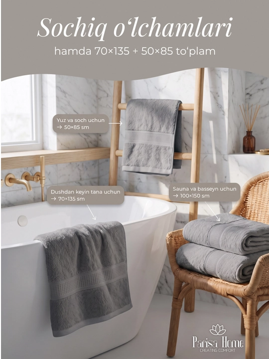 Banyo sochiq, hammom sochiqlari to'plami: badan uchun 70x135, yuz uchun 50x85, 100% paxta