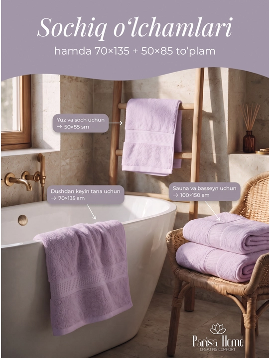 Banyo sochiq, hammom sochiqlari to'plami: badan uchun 70x135, yuz uchun 50x85, 100% paxta