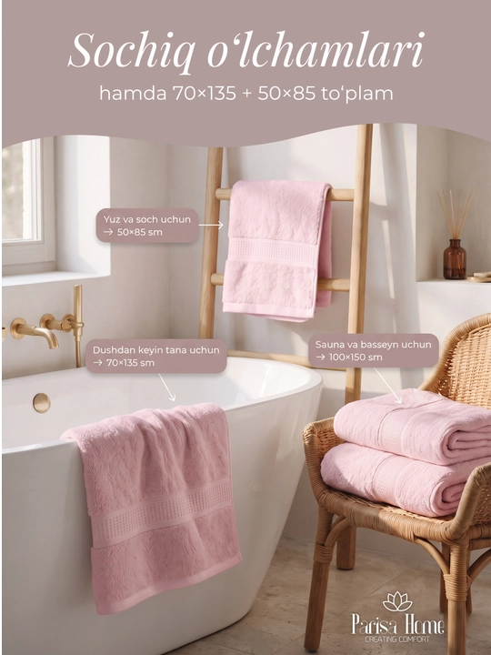 Banyo sochiq, hammom sochiqlari to'plami: badan uchun 70x135, yuz uchun 50x85, 100% paxta