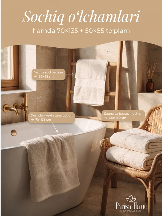 Banyo sochiq, hammom sochiqlari to'plami: badan uchun 70x135, yuz uchun 50x85, 100% paxta