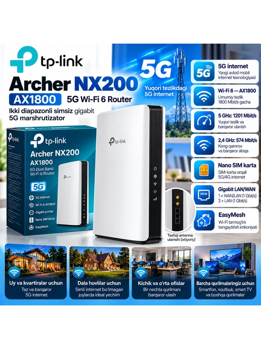 Archer NX200 AX1800 Ikki diapazonli simsiz gigabitli 5G marshrutizatori - 