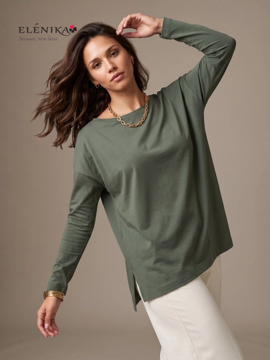 Ayollar uchun oversize longsliv paxtadan, dumaloq yoqa bilan, kofta ELENIKA D49.008