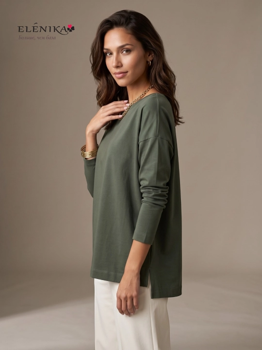 Ayollar uchun oversize longsliv paxtadan, dumaloq yoqa bilan, kofta ELENIKA D49.008