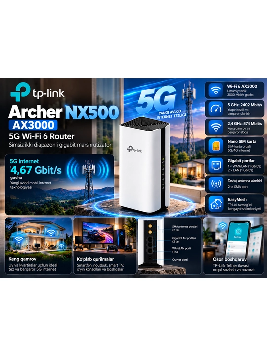 Archer NX500 5G AX3000 Simsiz ikki diapazonli gigabitli router - 